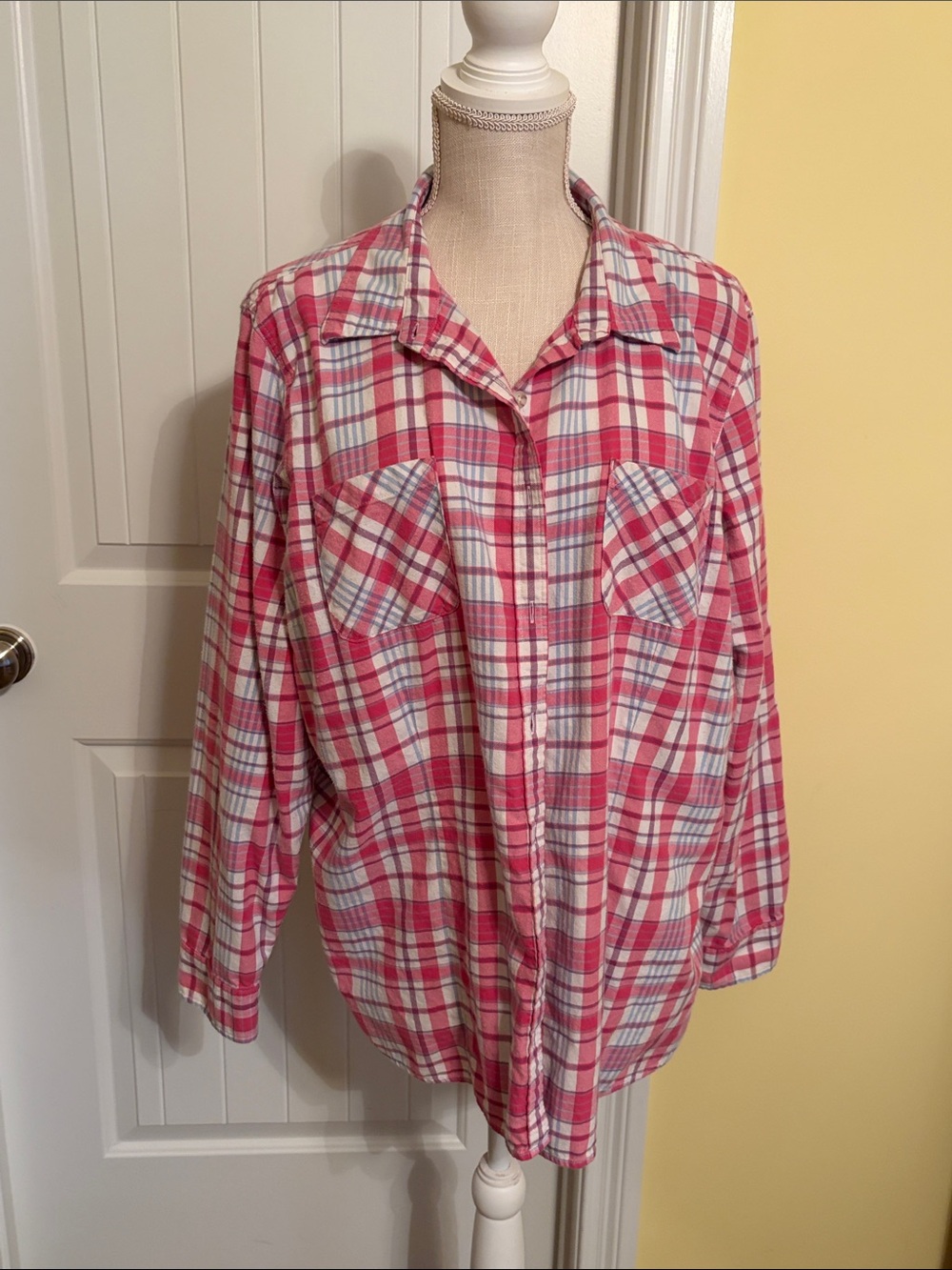 L.L. Bean Pink and White Plaid Button-Down Shirt with Subtle Gray